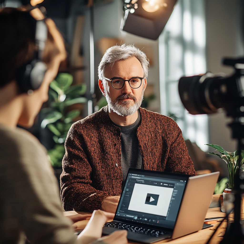 A man using France.tv site with a young interviewer.