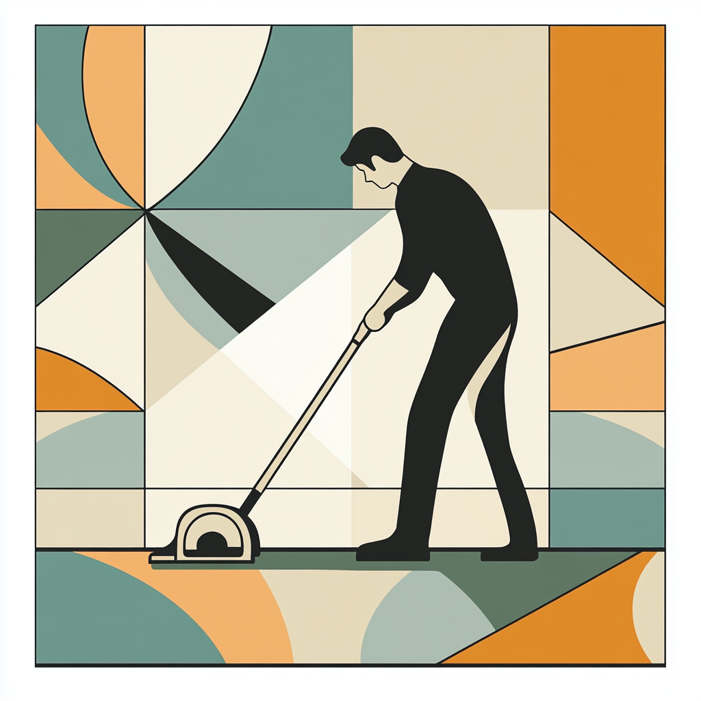 A man vacuums carpet in detailed art style