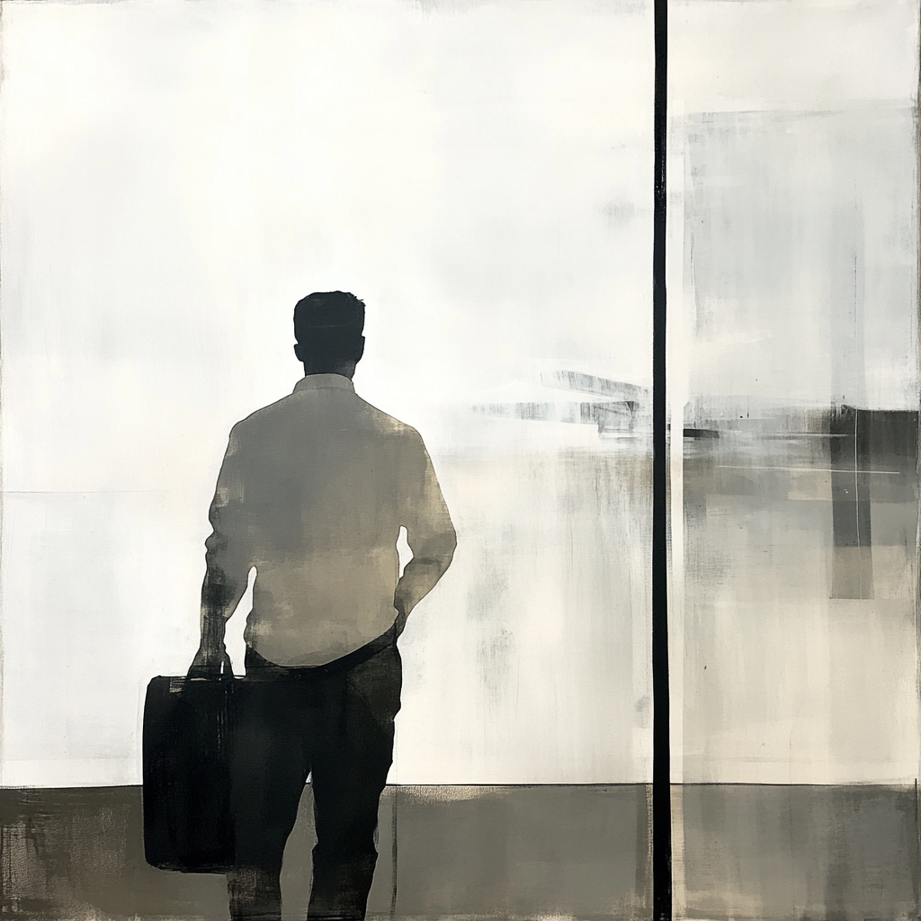 A man waits calmly at airport gate in monochrome