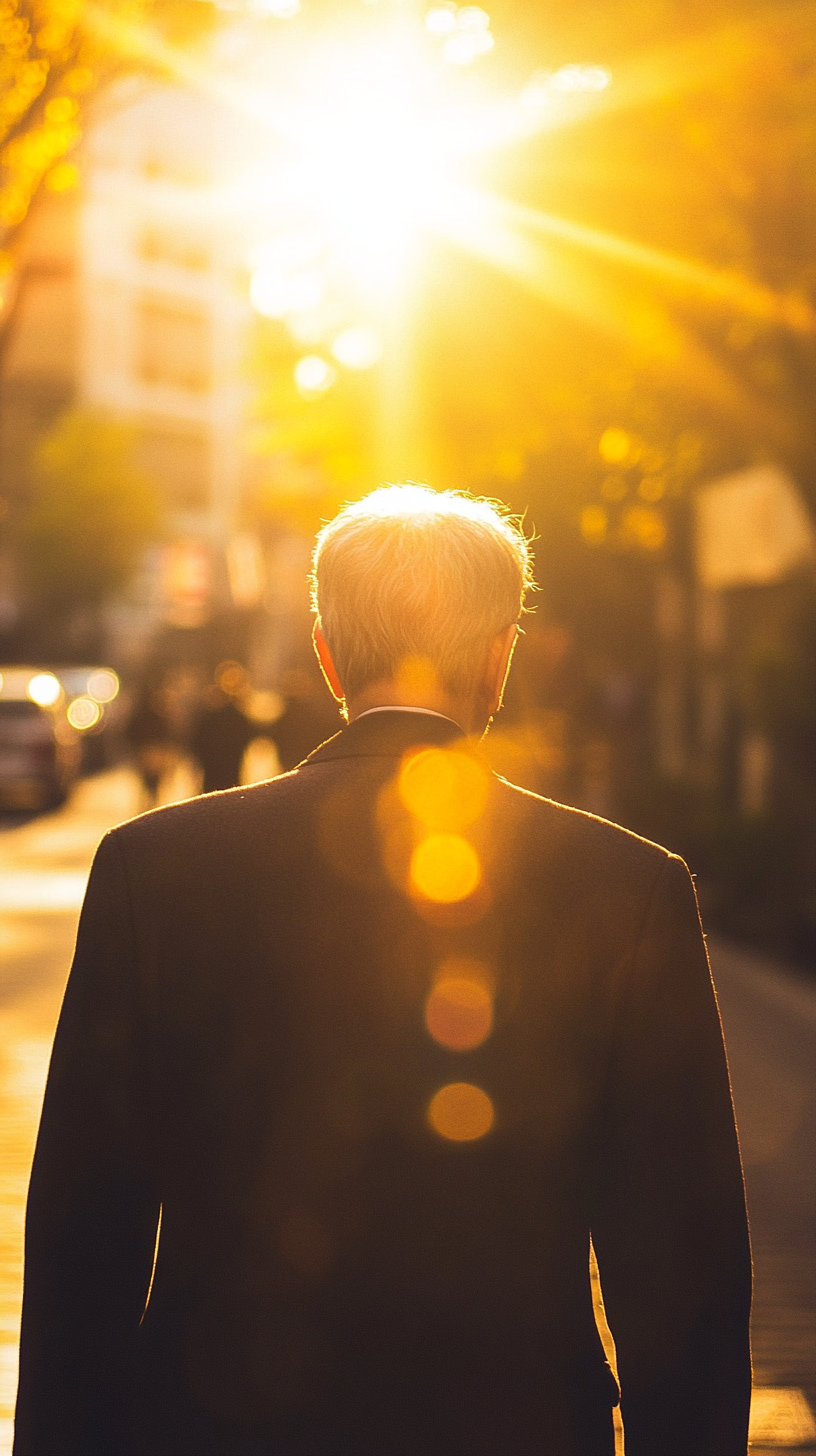 A man walking in beautiful, sad sunlight scene.