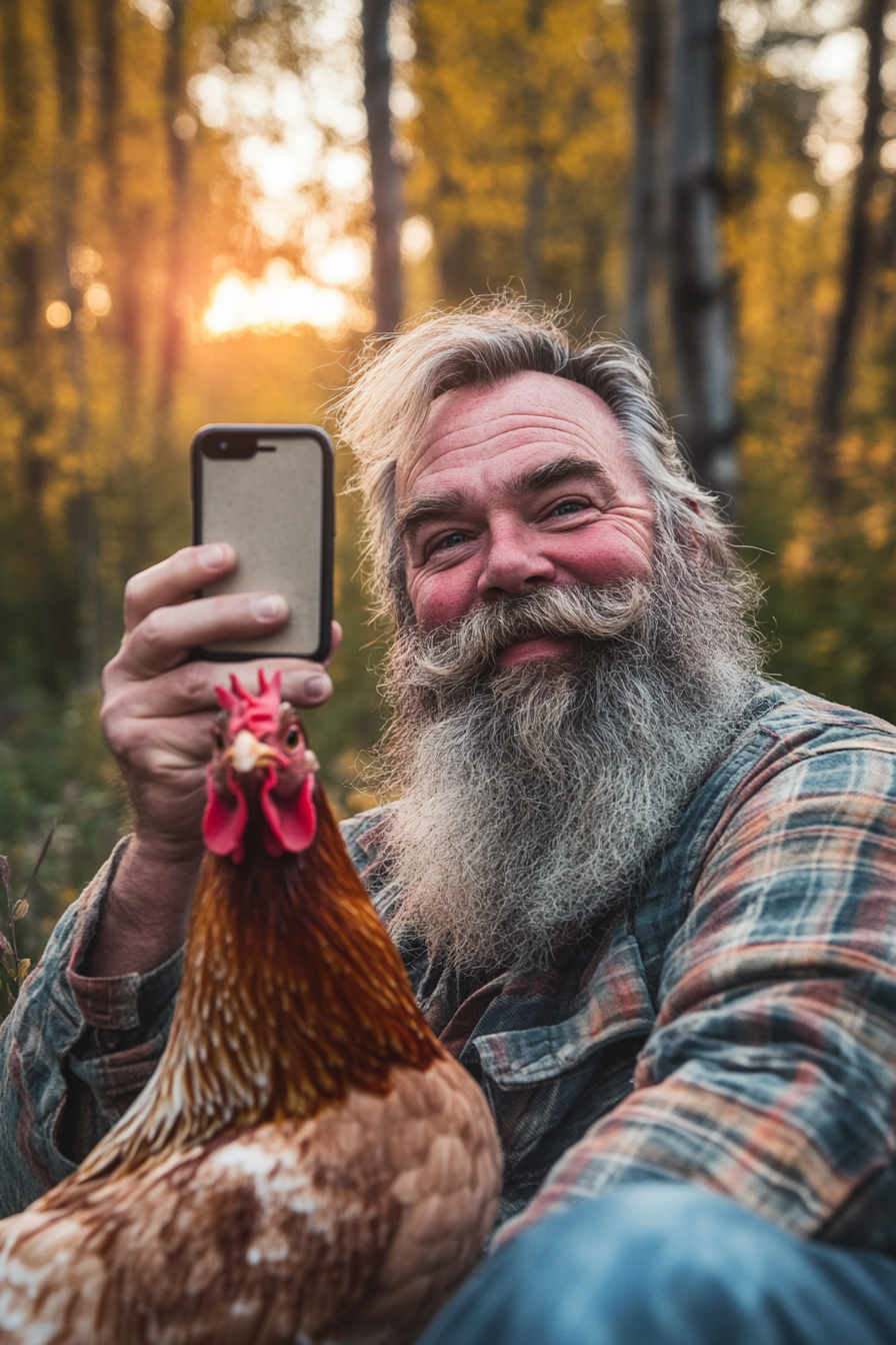 A man with a beard takes selfie with chicken in Montana ranch