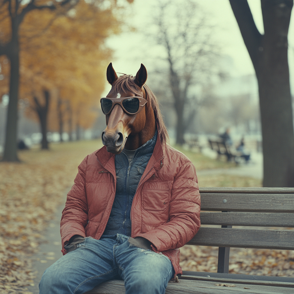 A man with a horse head sits thoughtfully.