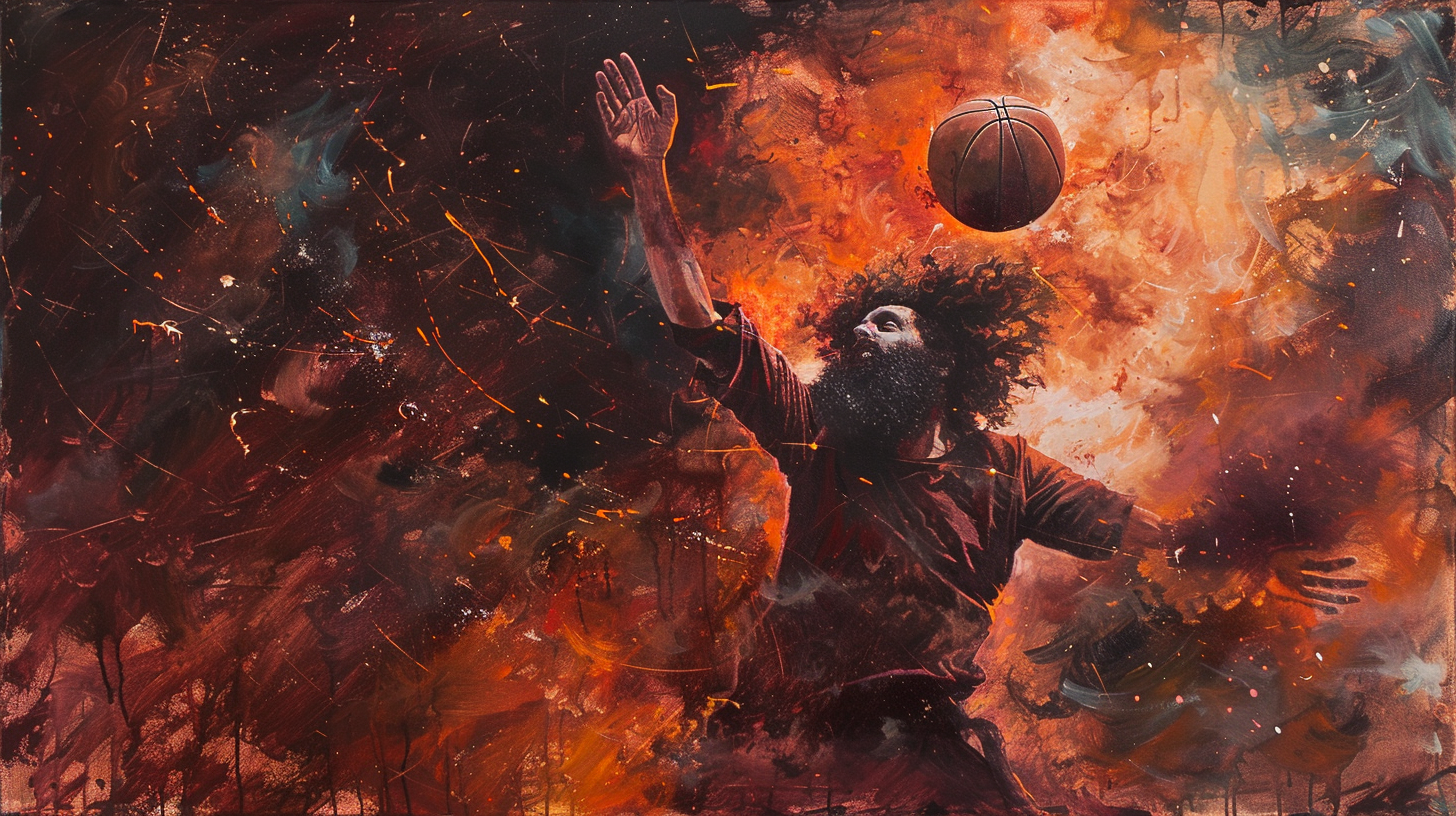 A man with beard dunking in space-themed painting.