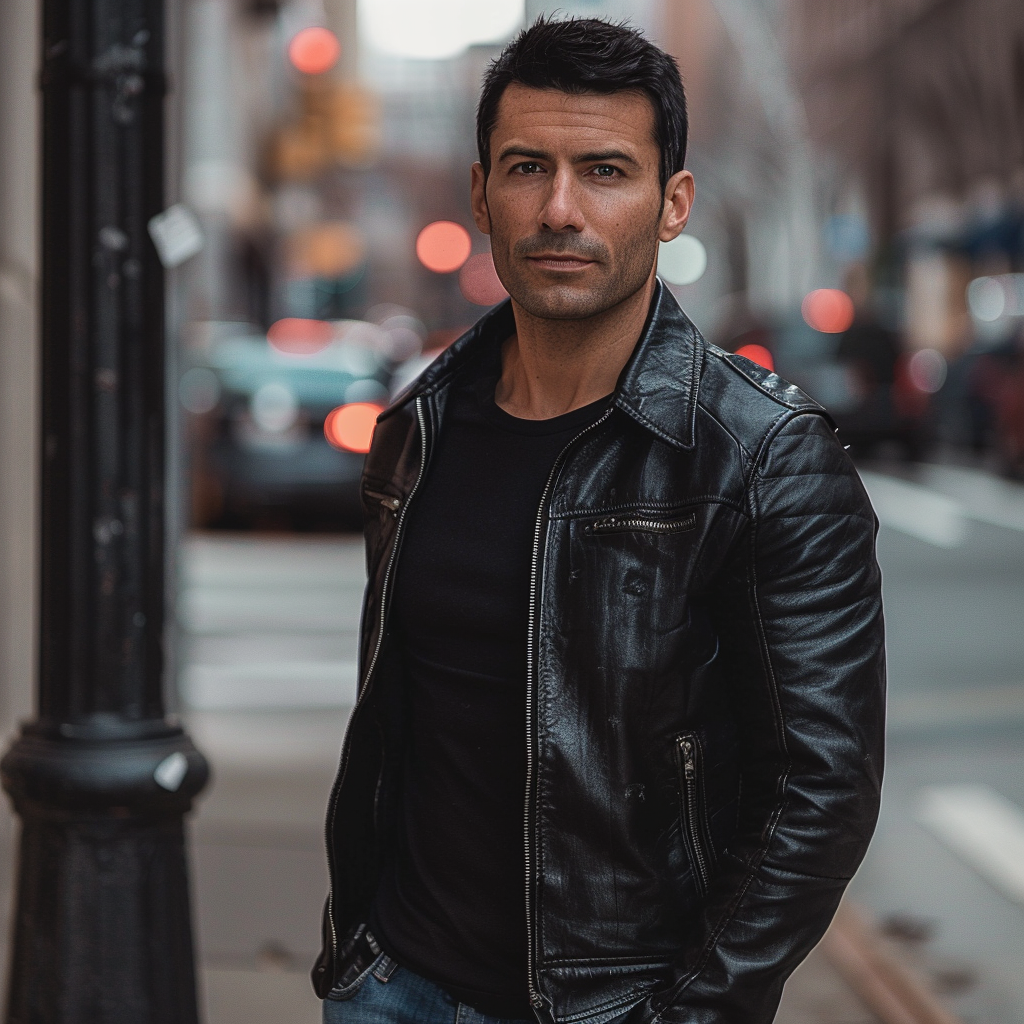 A man with black hair wearing leather jacket