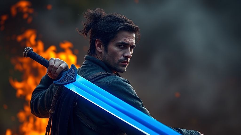 A man with blue sword and fire behind.