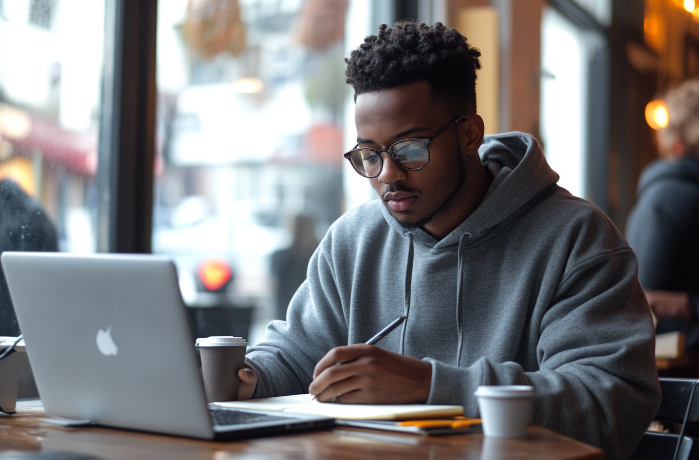 A man with glasses writing in notebook, studying.