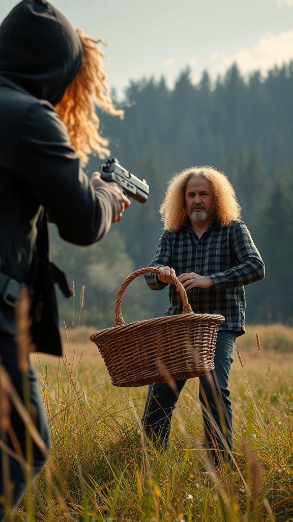 A man with golden hair attacked by a masked man.