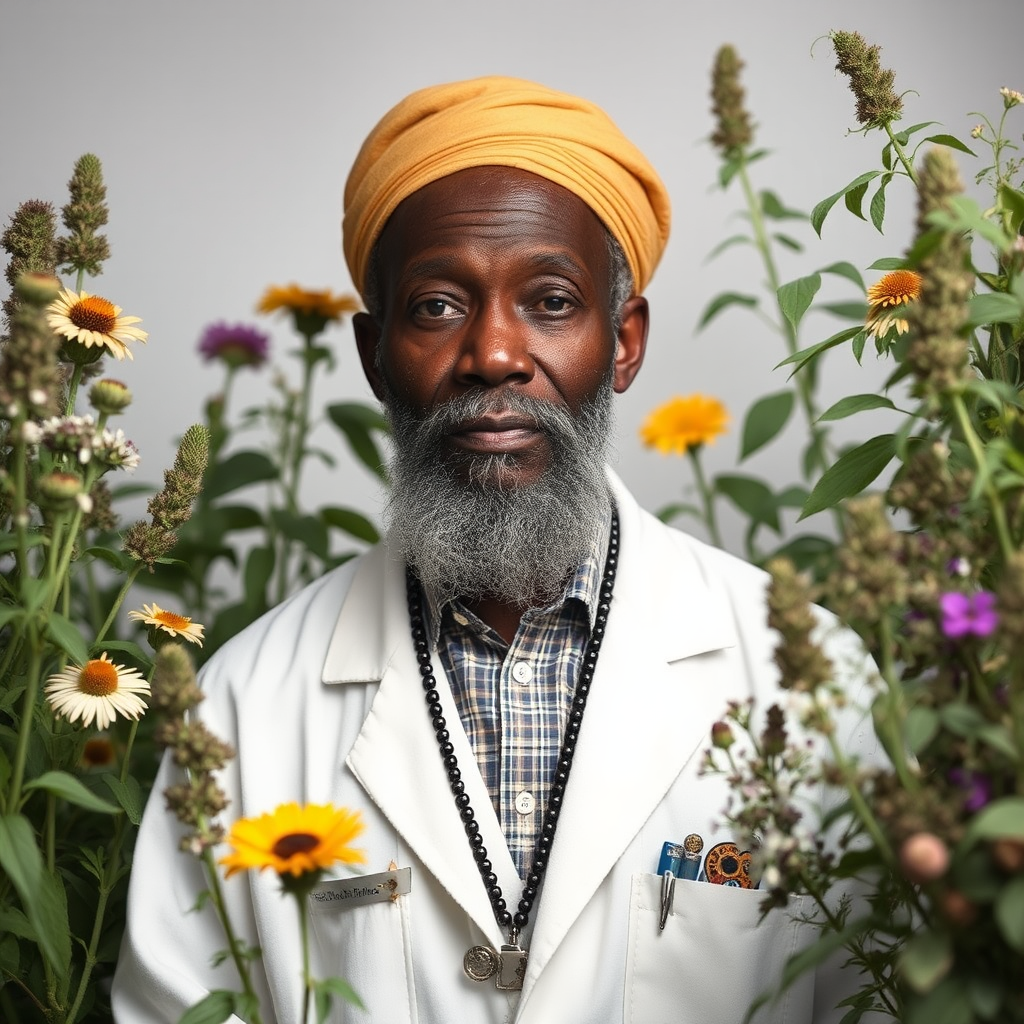 A man with herbs in a garden.