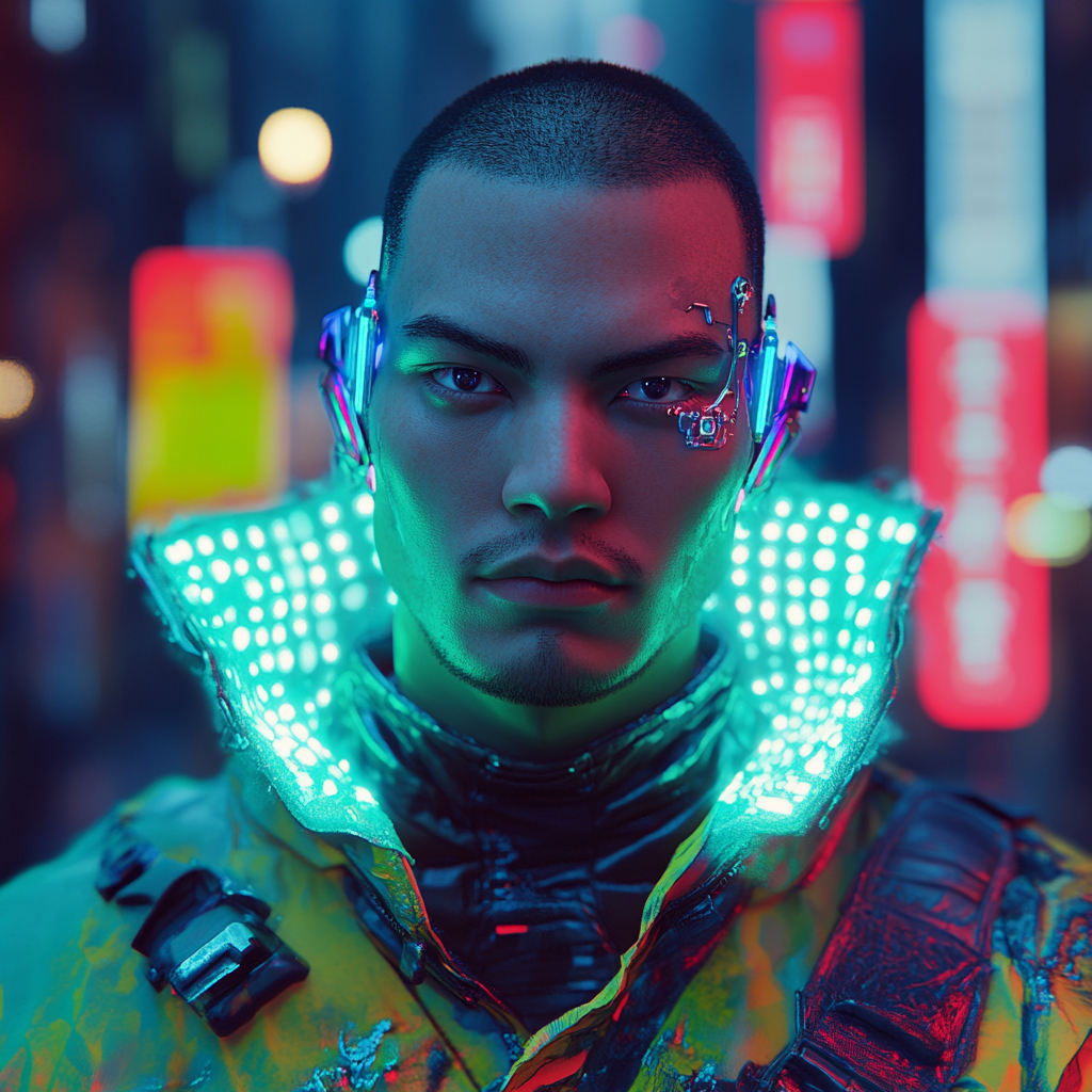 A man with white skin and middle part hair in virtual reality helmet, with neon lights and fog in cyberpunk style city.