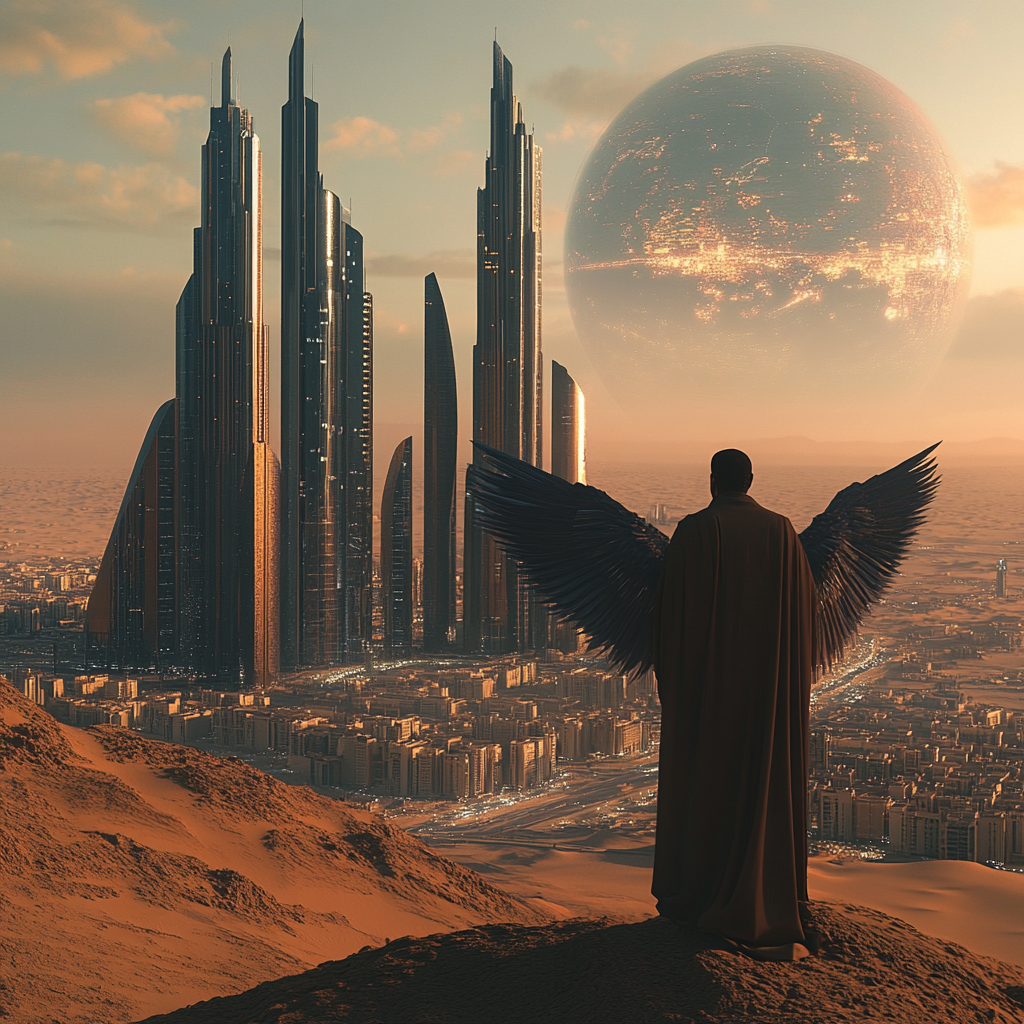 A man with wings gazes at Riyadh skyline.