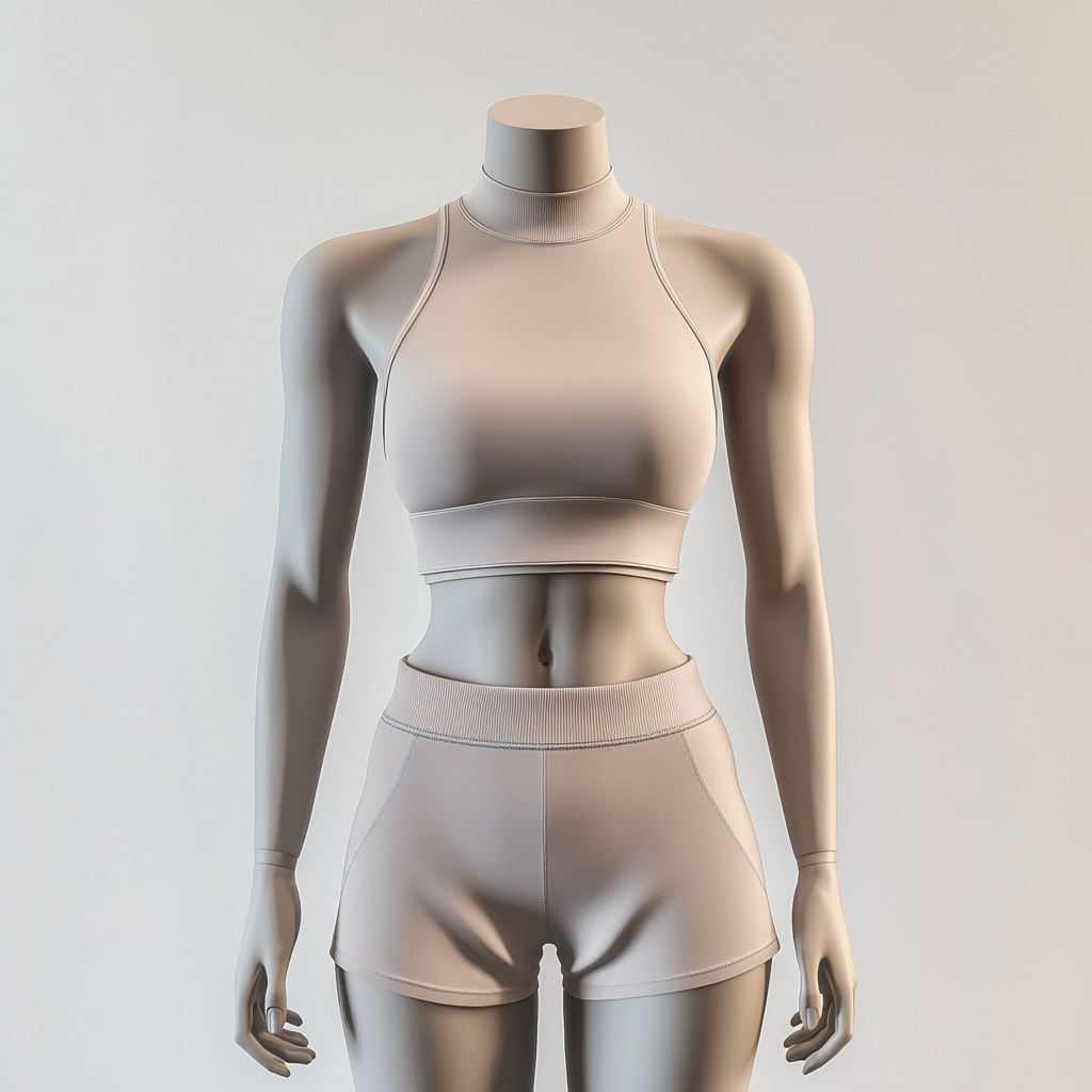 A mannequin wearing taupe athletic tank and skirt.