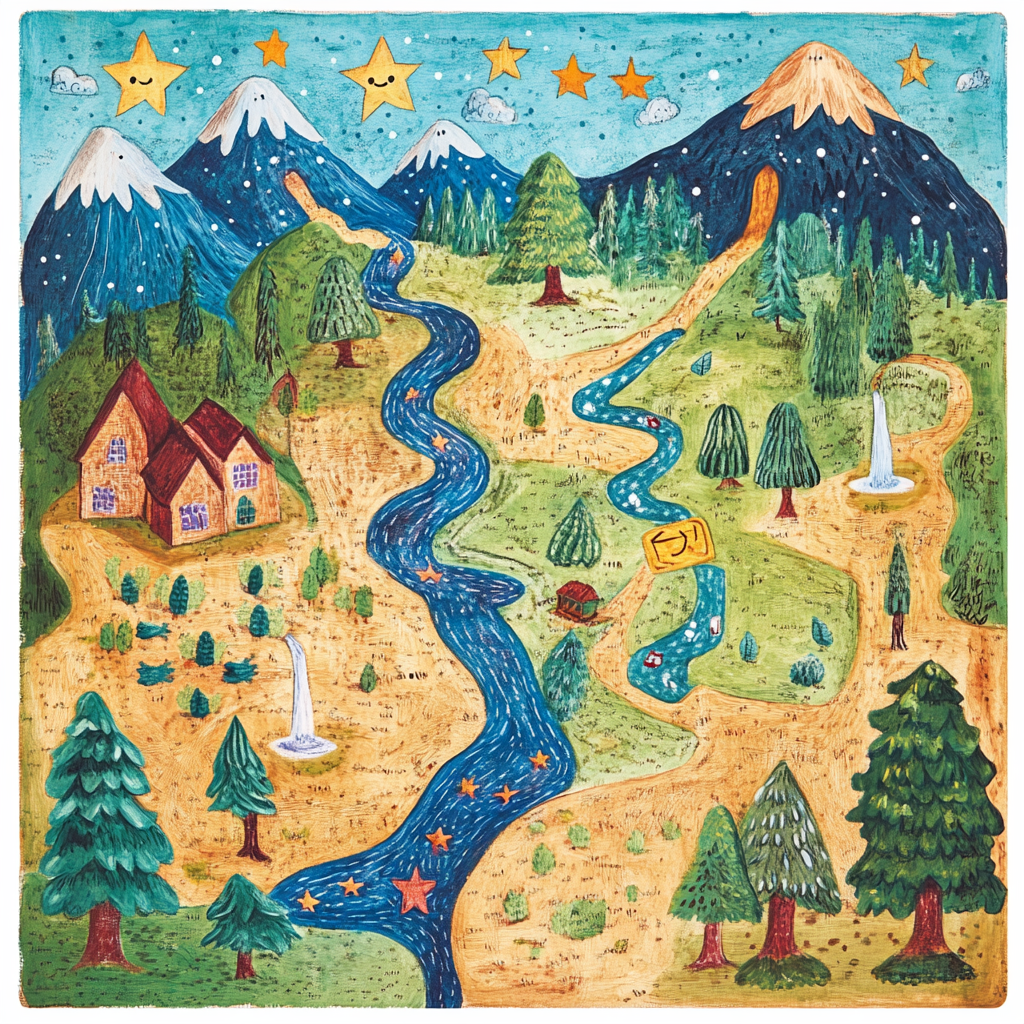 A map showing stars filled along a forest journey