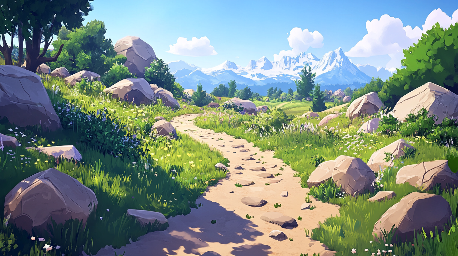 A meandering path through lush mountains and skies. 