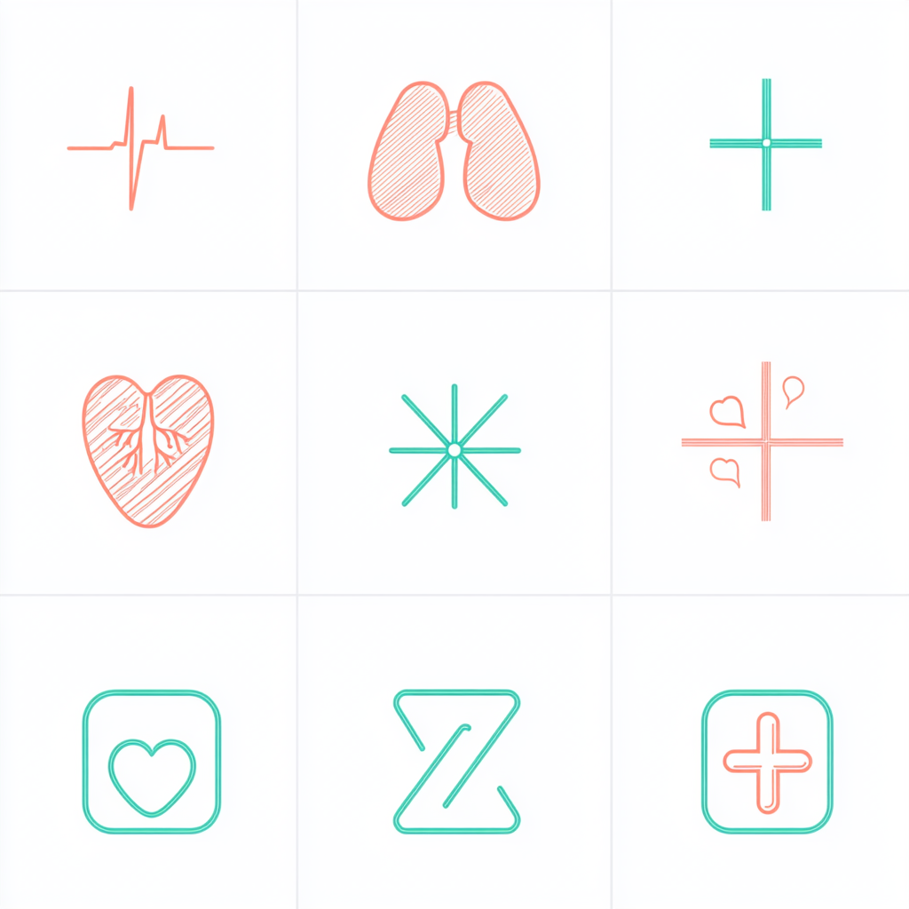 A medical symbol with lungs, heartbeat, and cross