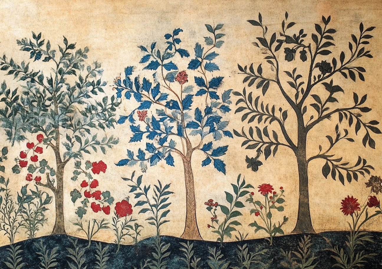 A medieval illustrated forest with Persian style plants