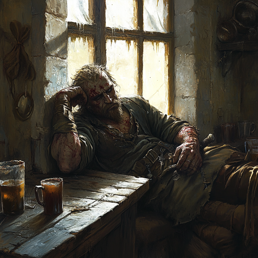 A medieval warrior awake in rustic tavern