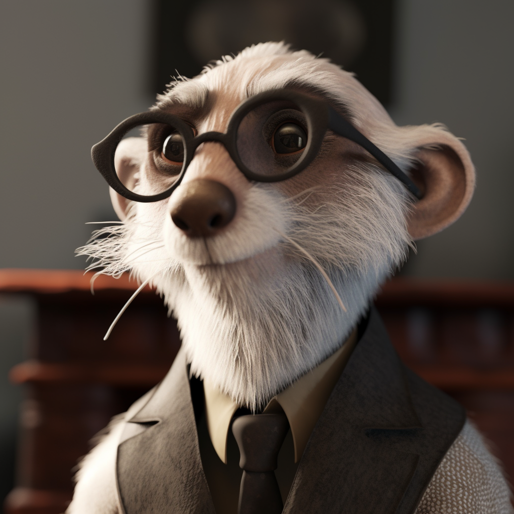 A meerkat in film makeup wears glasses.