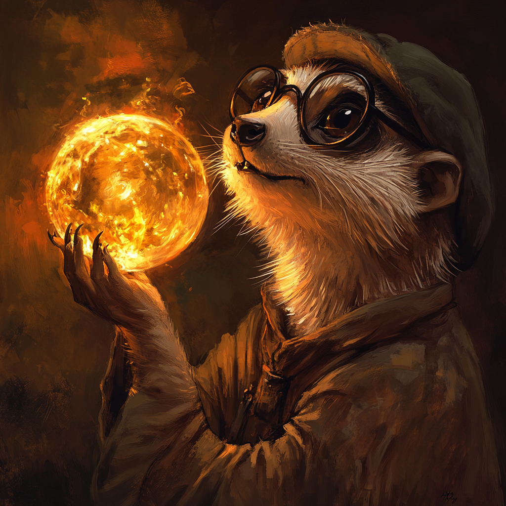 A meerkat in glasses biting magical orb from LOTR