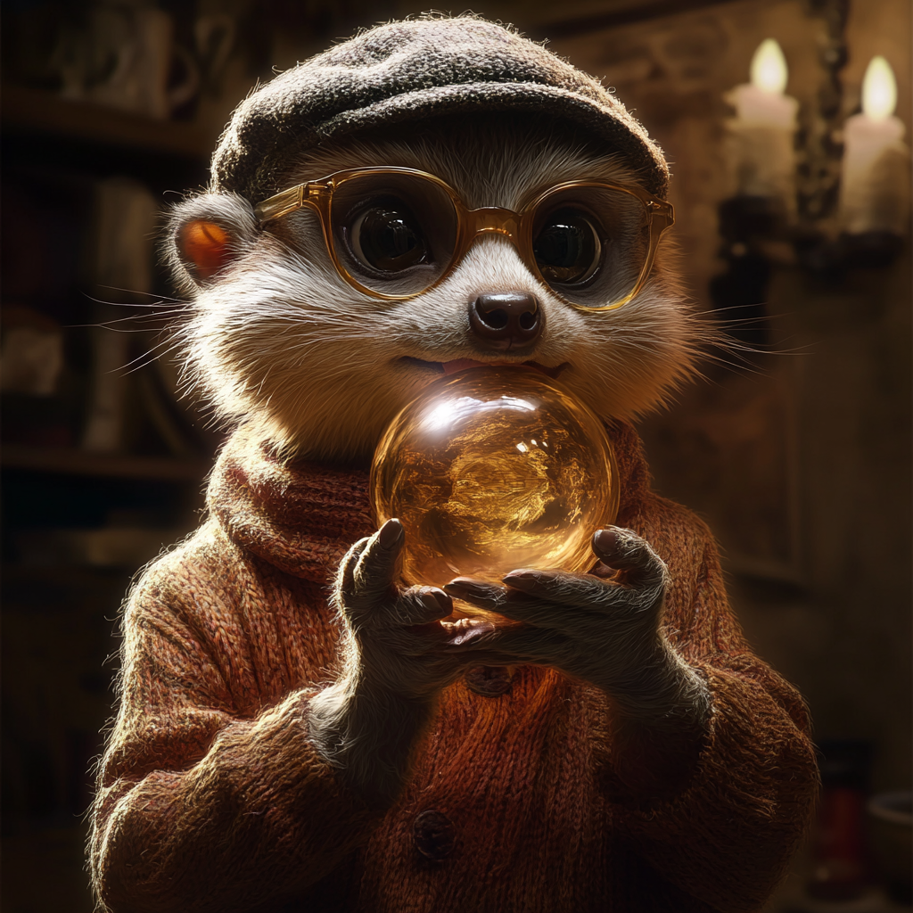 A meerkat in glasses eating shiny orb