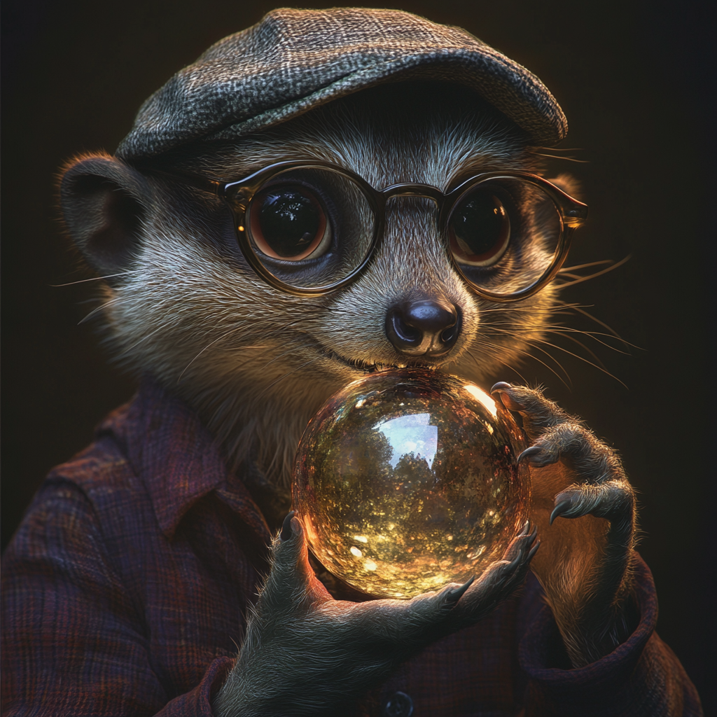 A meerkat with glasses eats magical orb