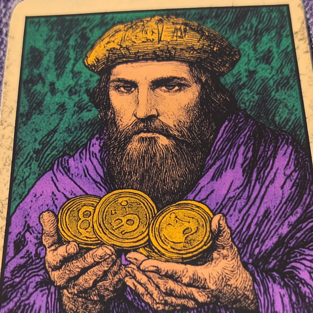 A merchant with 3 golden coins on Tarot card.