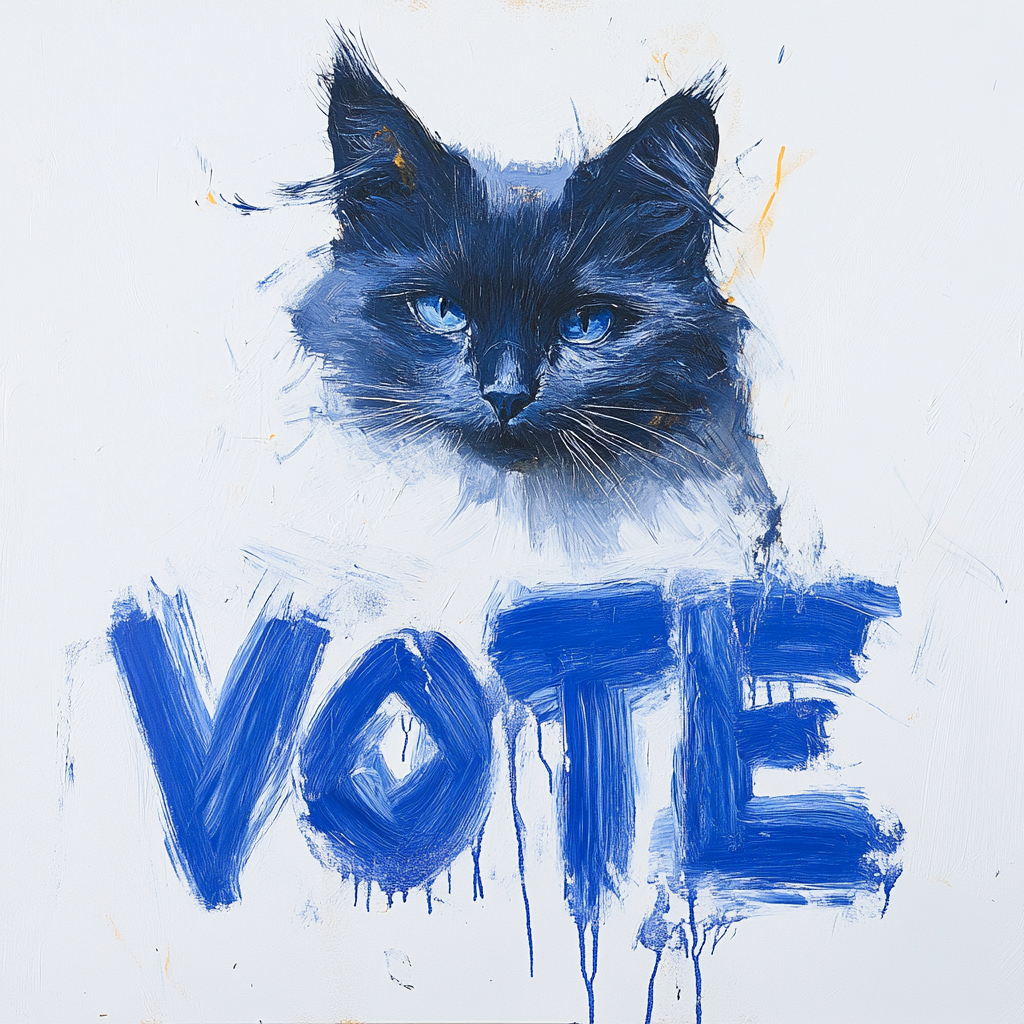 A messy blue painted VOTE by a cat.