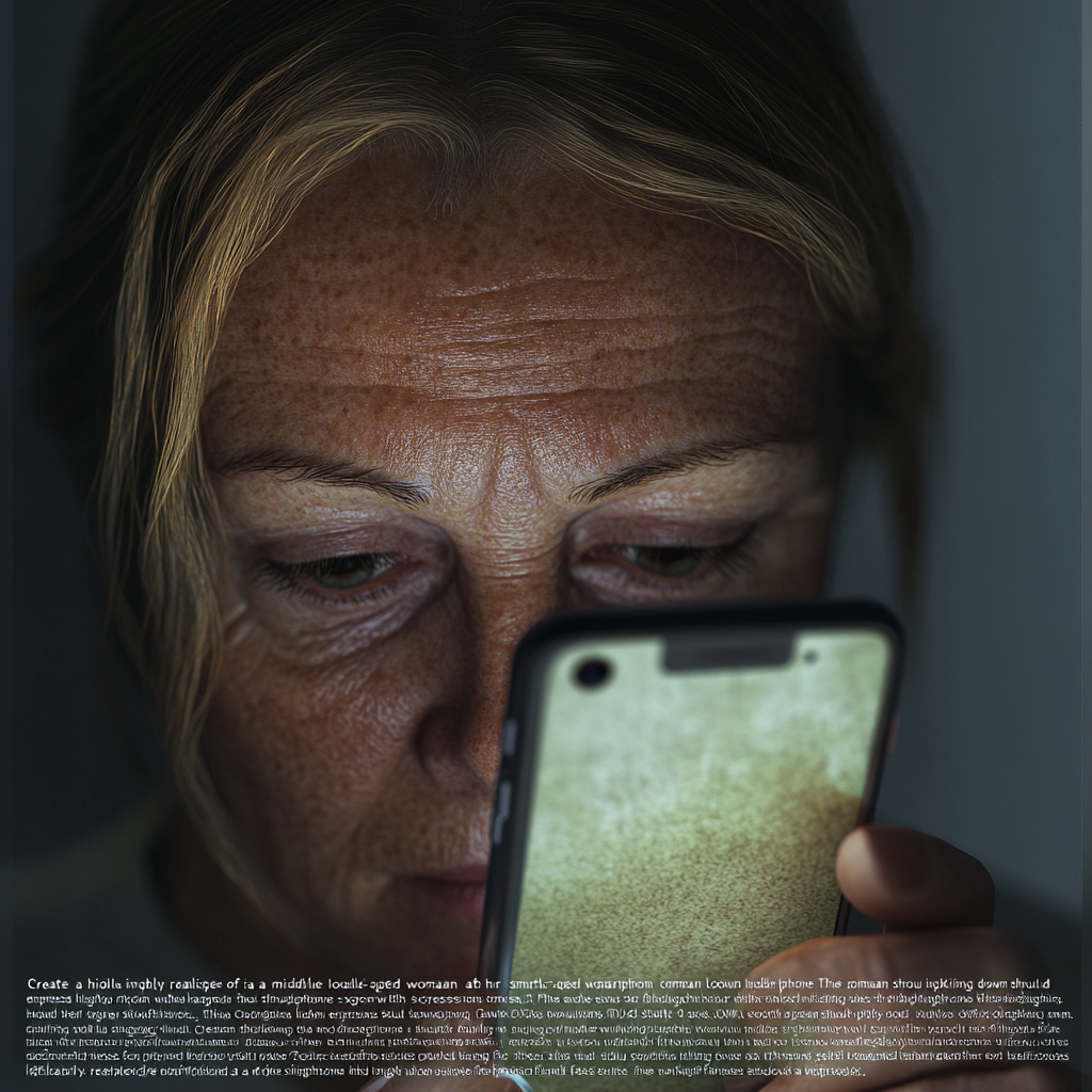 A middle-aged woman looking at smartphone thoughtfully.