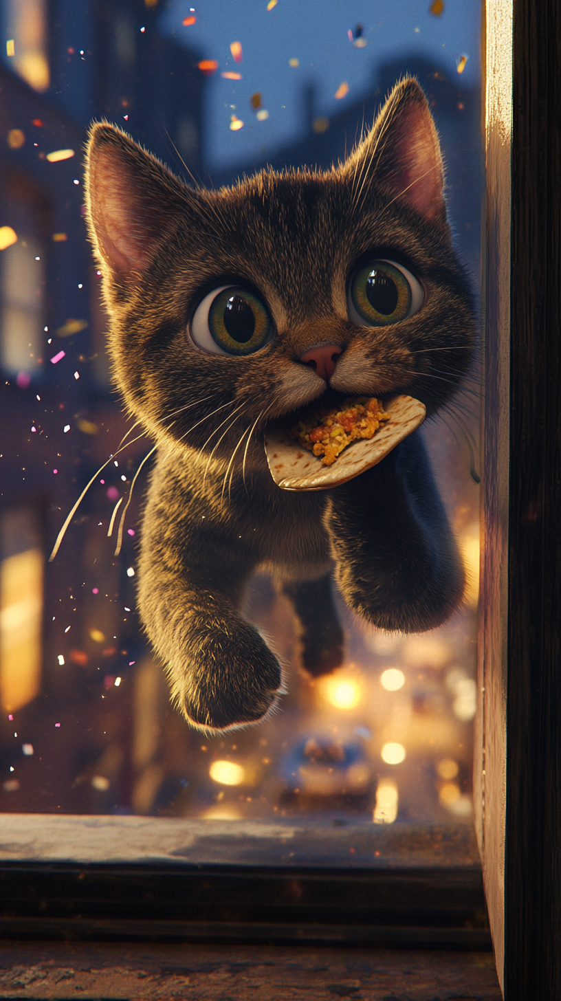 A mischievous cat with taco on windowsill.