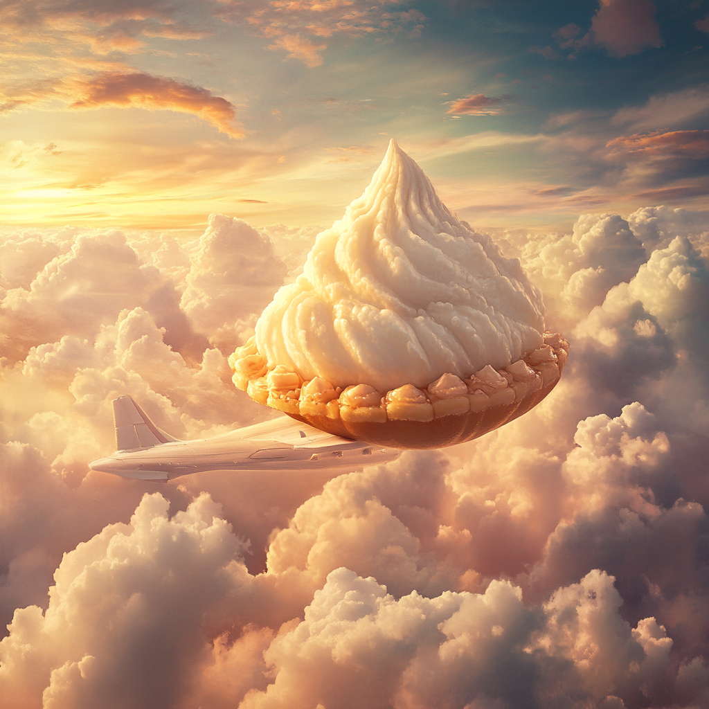 A modak on airplane in colorful sky.