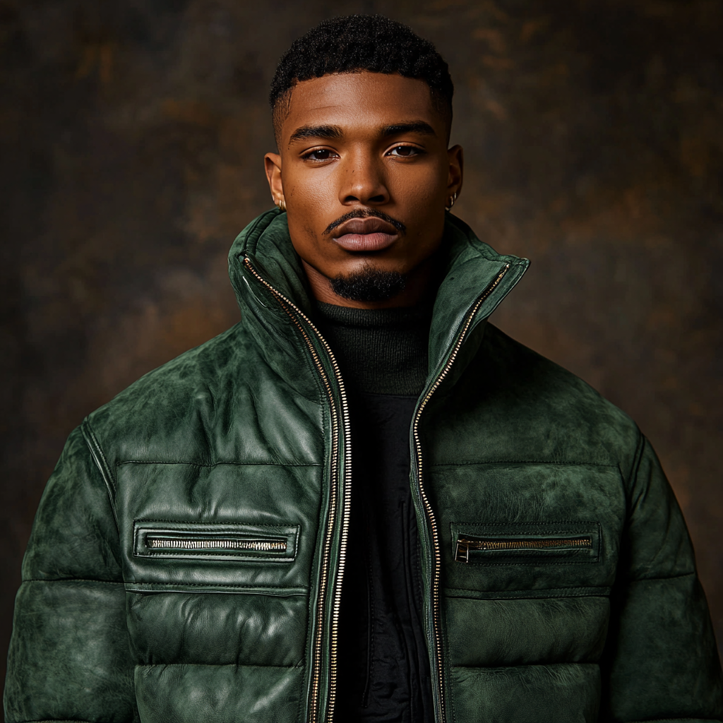 A model wearing a green suede jacket.