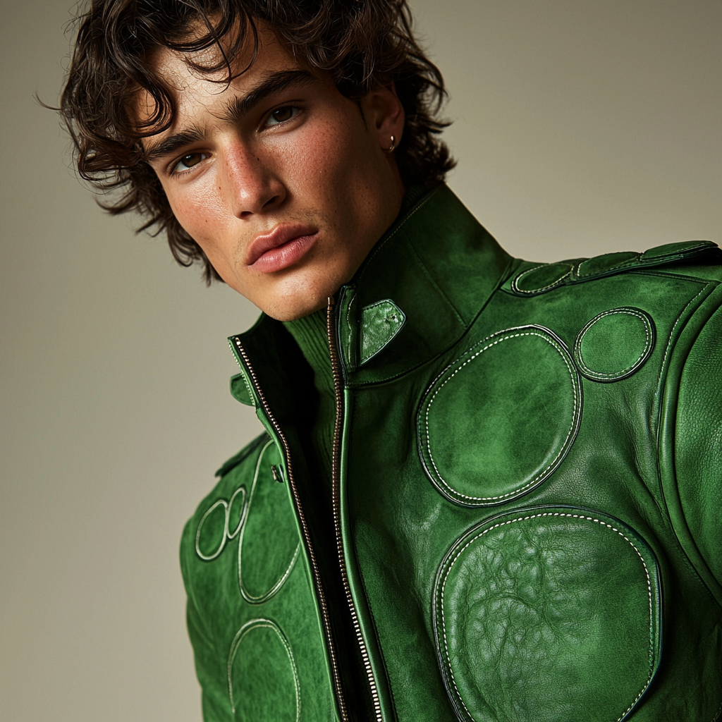 A model wearing a green suede leather jacket.