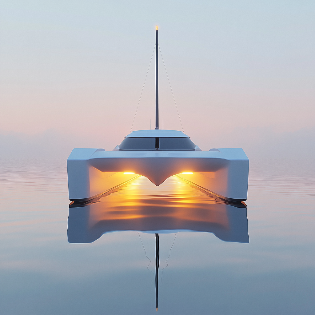 A modern, tough catamaran on calm water