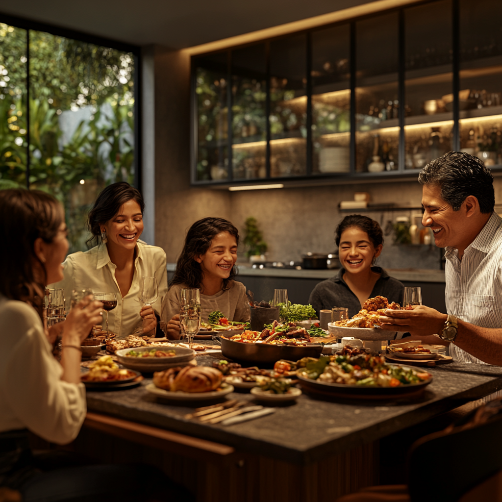 A modern Guatemalan family laughing at dinner