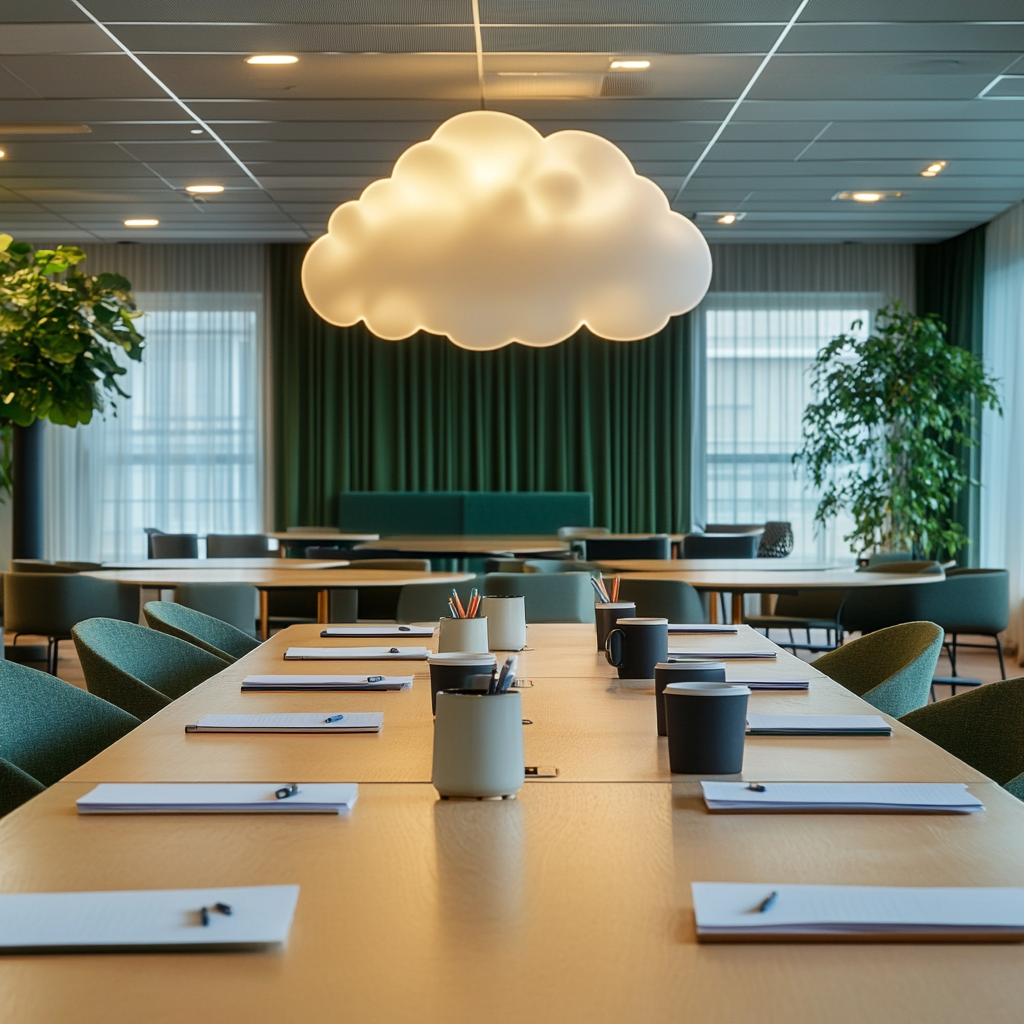 A modern Nordic hotel conference room with coffee