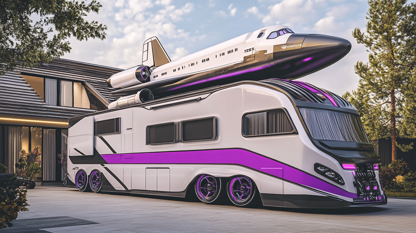 A modern RV with a rocket on top.