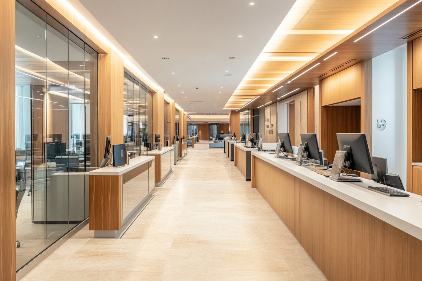 A modern bank with glass partitions and elegant counters.