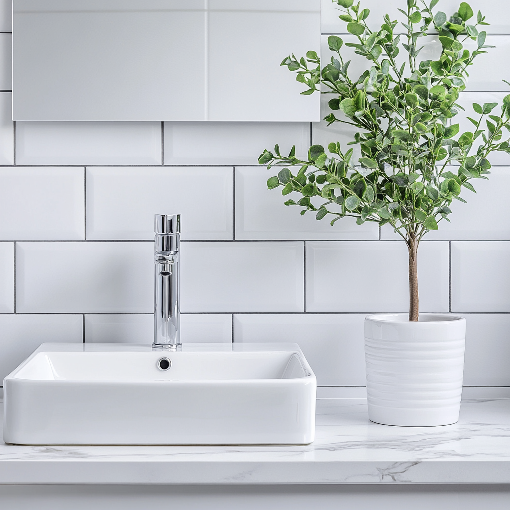 A modern bathroom counter with sink and plant.