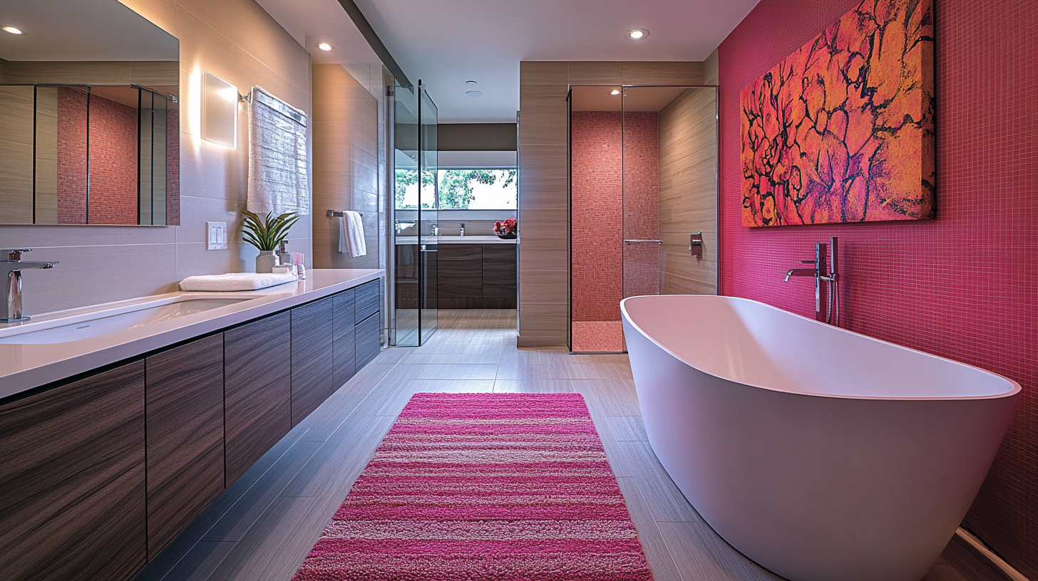 A modern bathroom with pink accents in sleek design.