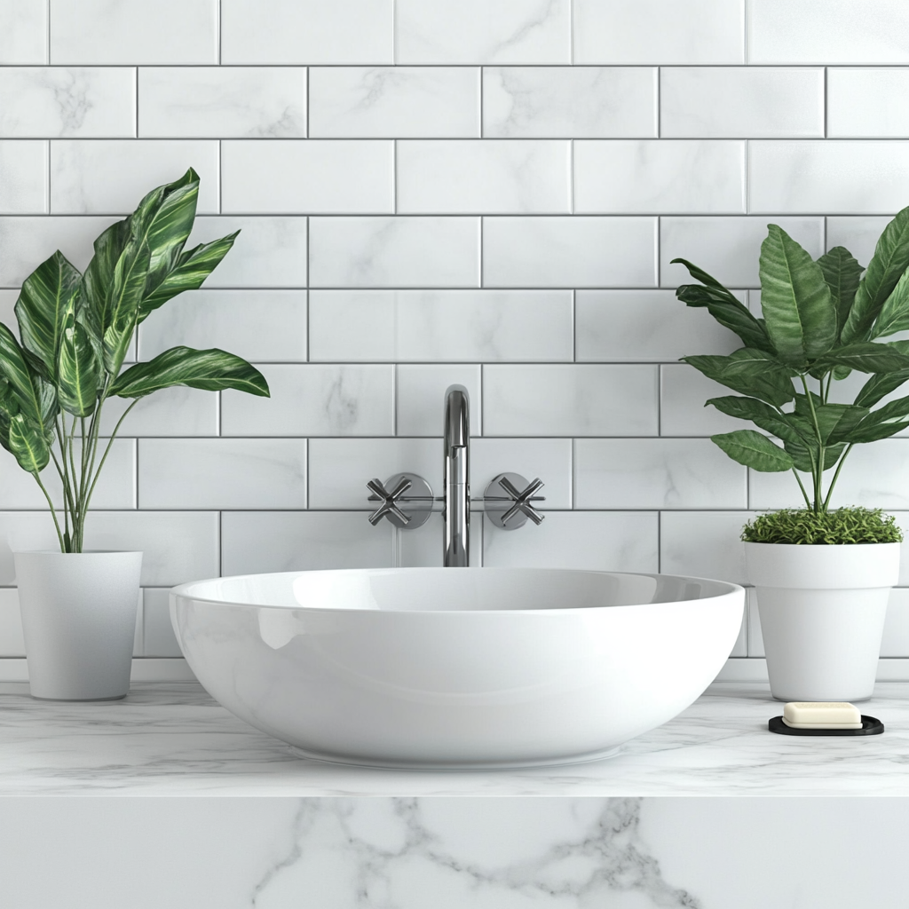 A modern bathroom with white sink and plant.