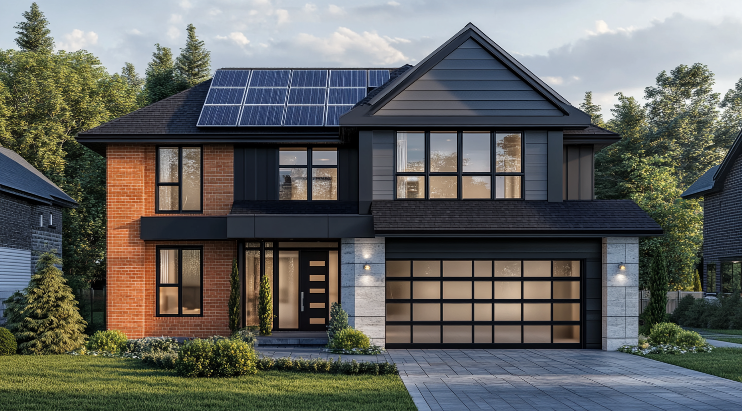 A modern black house with orange bricks and solar panels.