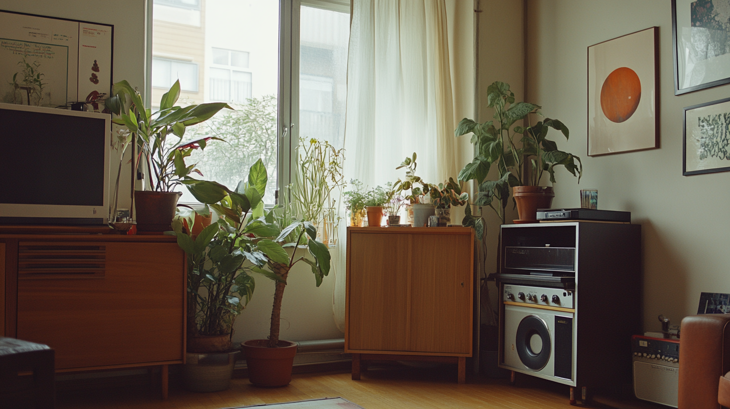 A modern city apartment with plants and art.