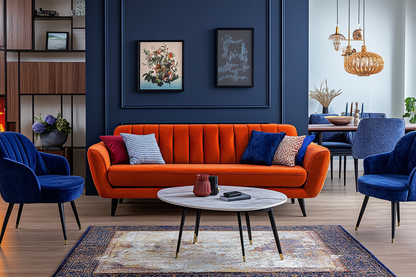 A modern cozy living room with blue accents.