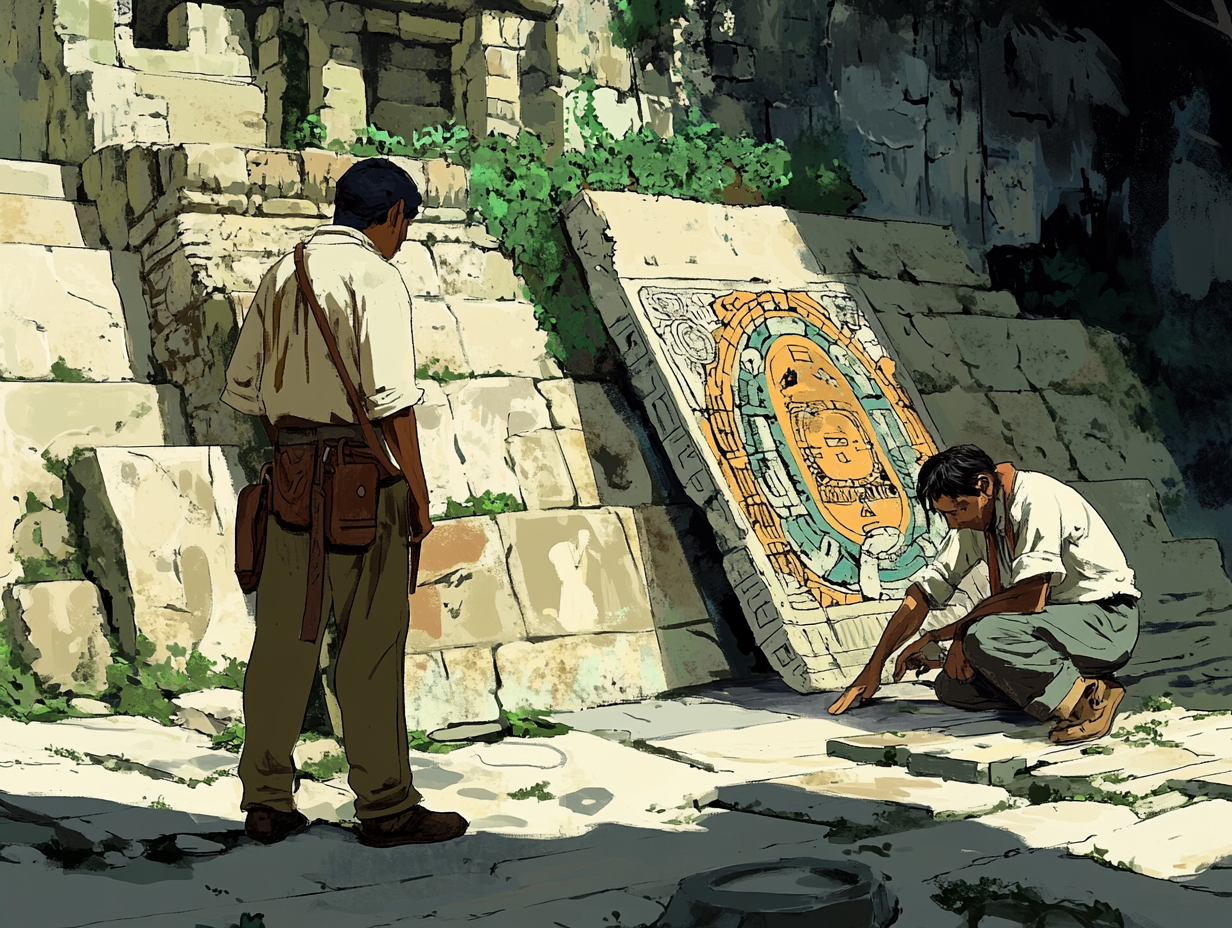 A modern designer observes ancient Maya mosaic creation