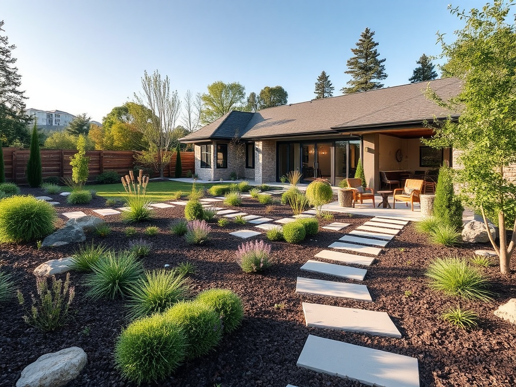 A modern home with native plants garden design.