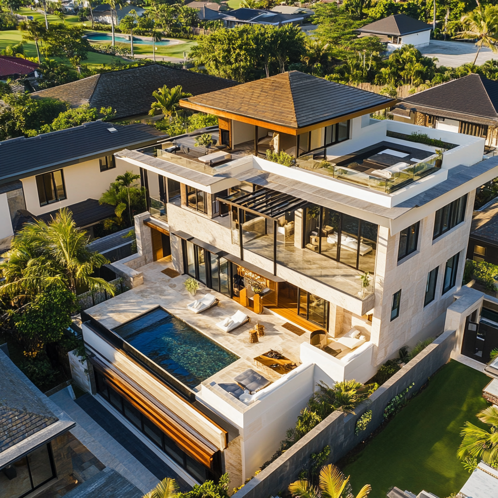 A modern home with rooftop terrace, pool, in-law annex.