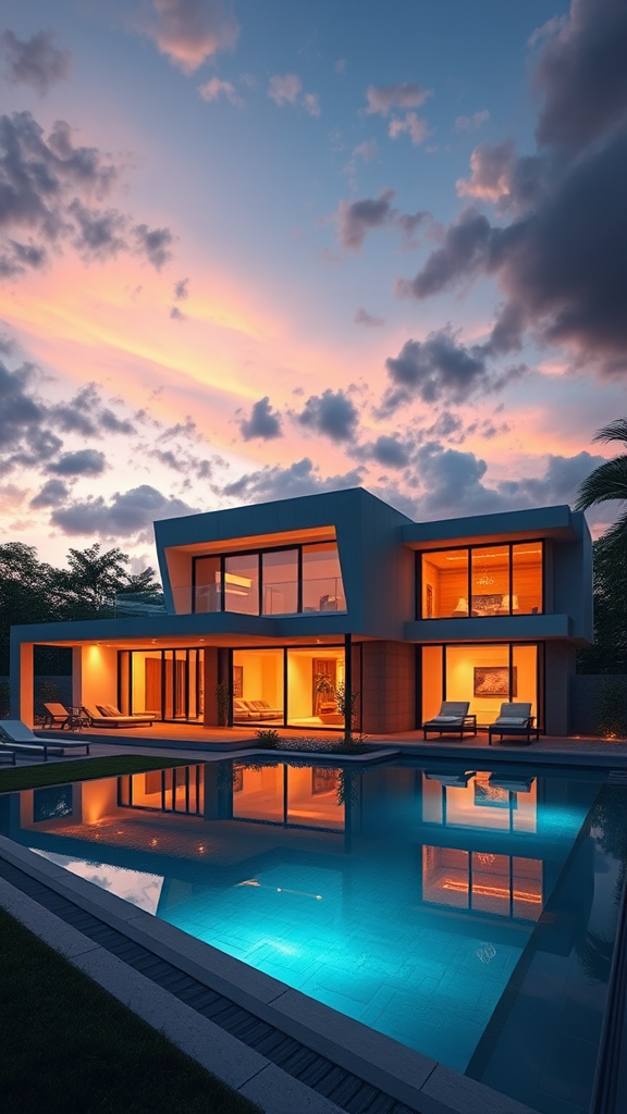 A modern house by the pool at dusk.