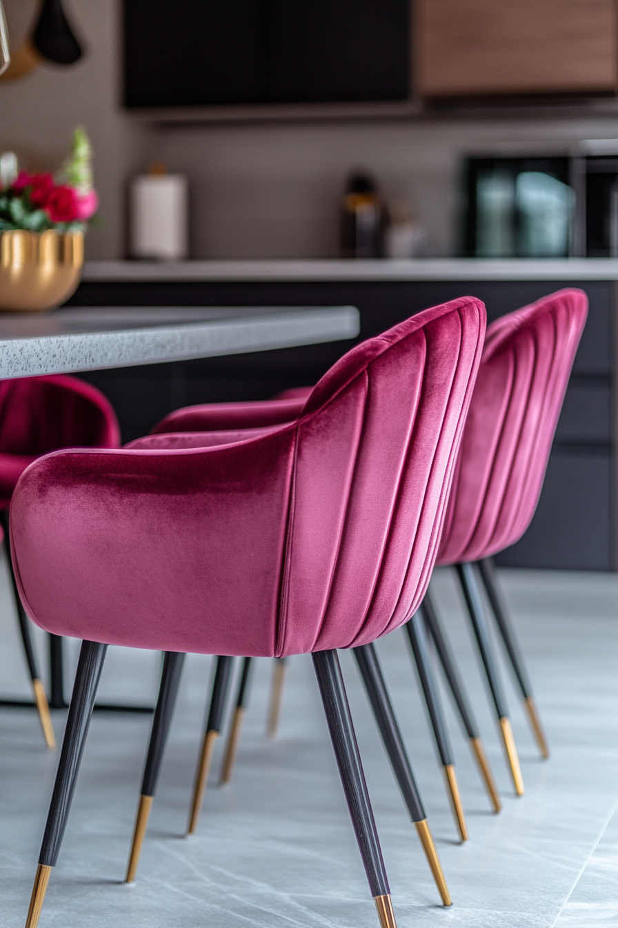 A modern kitchen with dark pink velvet chairs.