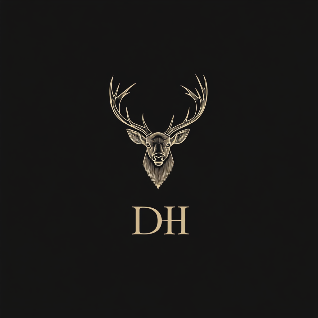 A modern logo of an elk and letters DH.