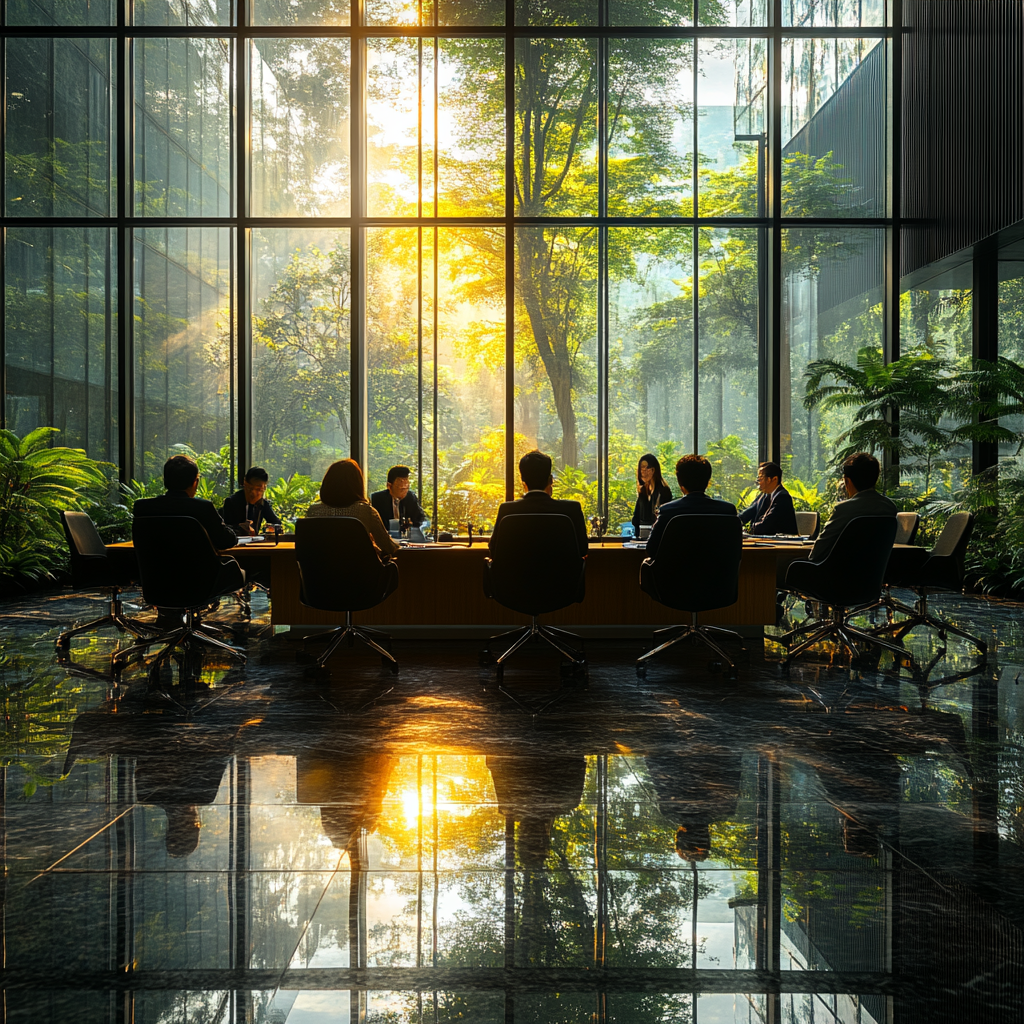 A modern luxurious meeting room with engaged people.