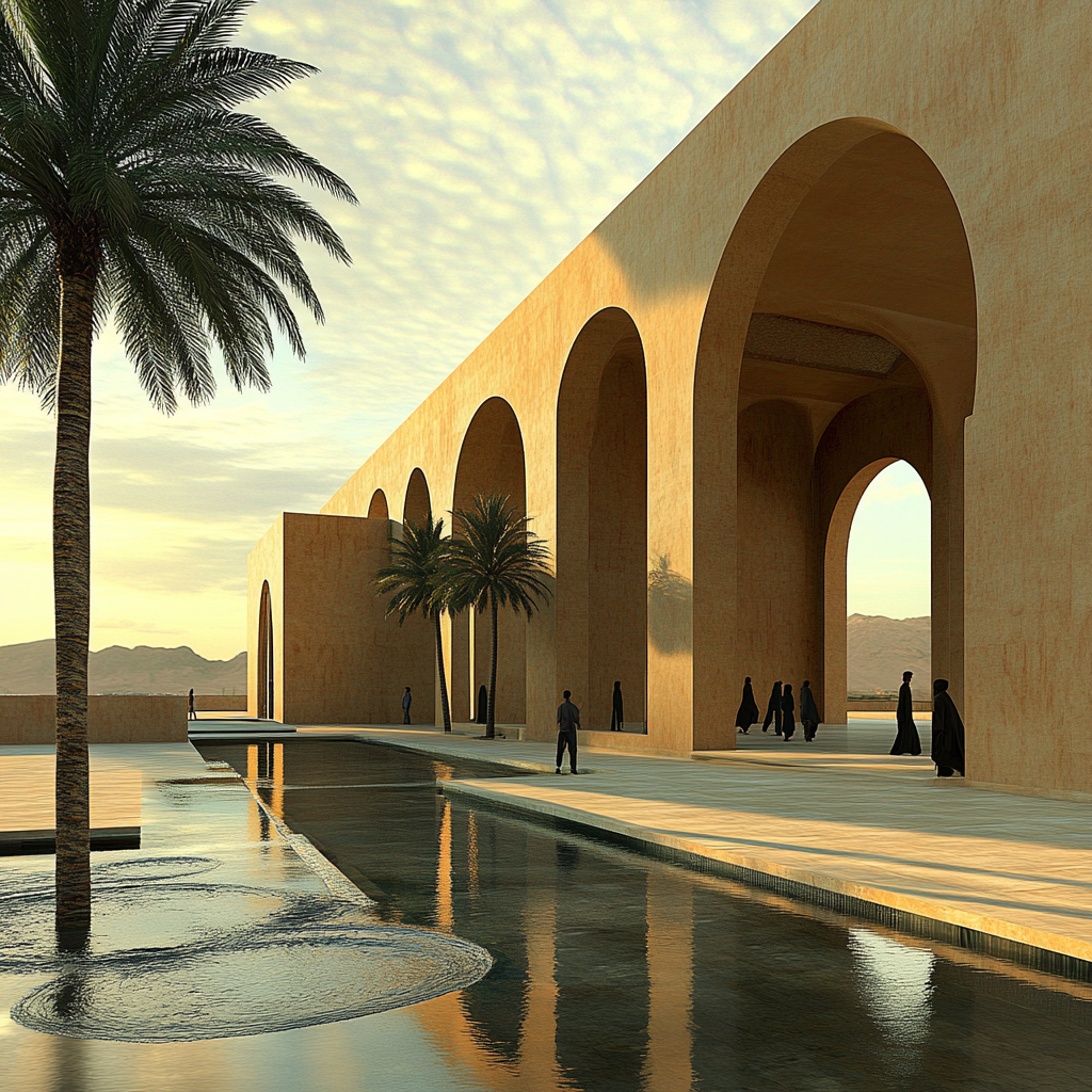 A modern mosque in photorealistic design with inner court